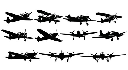 Vector set of various historical aircraft silhouettes, including biplanes and monoplanes, depicted in a classic black and white illustrative style © Mecklenburglaan