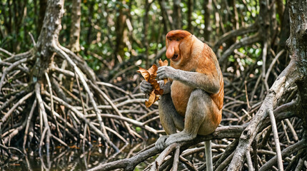 Male Proboscis Monkey (Nasalis larvatus) chewing dry mangrove leaves for attracting mate, Borneo, Malaysia.  © pinan