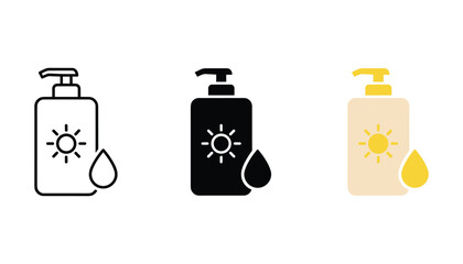 Sunscreen lotion bottle icon set with sun and drop symbol in outline solid and colorful flat design styles for skincare and summer vacation themes isolated on white background © TARU STOCKPLC
