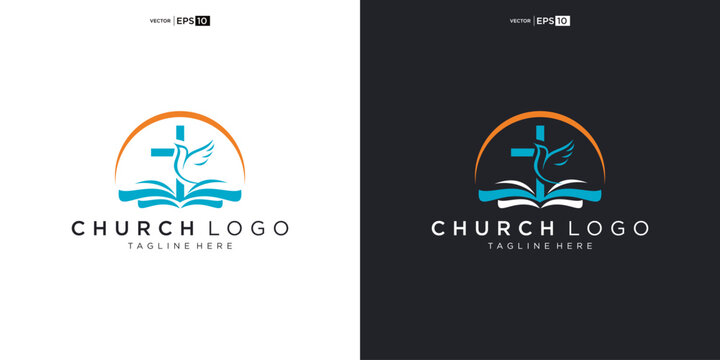 Church Logo Design with Cross Dove and Open Book.