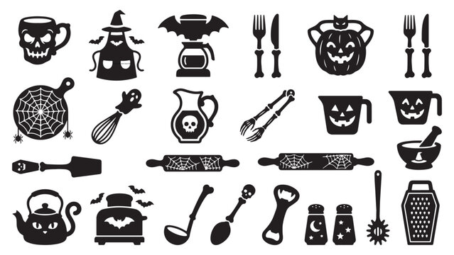 Textless Spooky Kitchen Utensils Silhouette Pack, Bold Black Halloween Cookware Solid Vector Clipart
