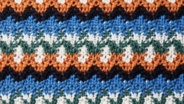 Knitted chevron zigzag fabric close up blue orange white green yarn textured craftsmanship repeating geometric pattern vector textile design