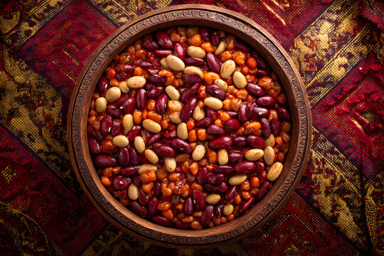Traditional Botswana halal Dikgobe samp and beans porridge in wooden bowl, top view.
