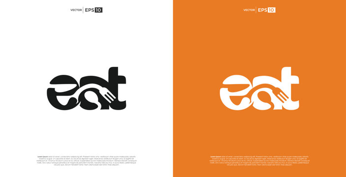 Eat word logo with fork and spoon illustration.
