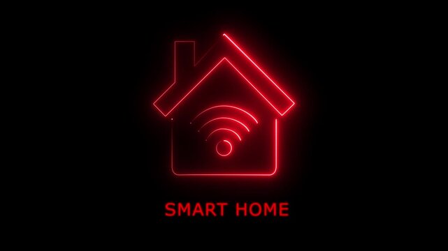 Smart home technology icon with neon blue house symbol and wireless Wi-Fi signal indicator for home automation, intelligent property control, and real estate innovation 4k loop..