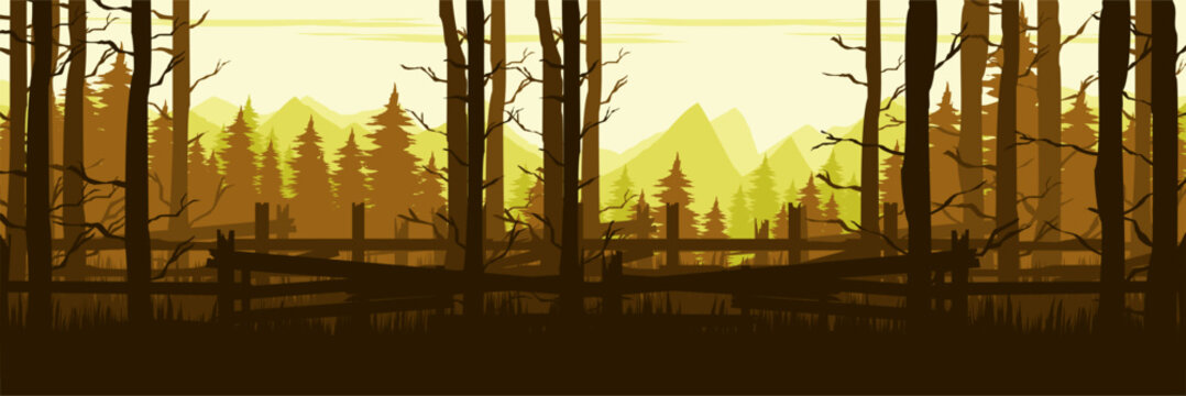 Modern minimalist vector scenery banner featuring bright golden pine woods