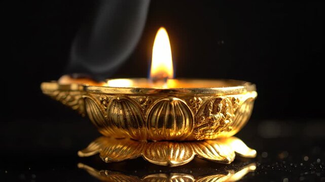 Burning brass diya oil lamp on a dark background.