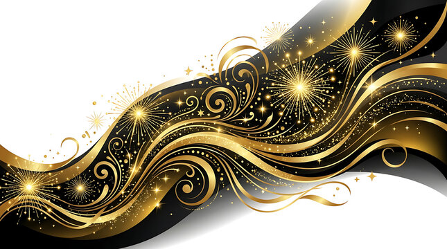 Gold flourishes and sparkling firework patterns create an elegant wave across a deep black background.