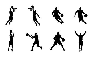 Basketball Player Silhouettes: Action Poses, Dunking, Shooting, Dribbling, Sports Graphics © Monu