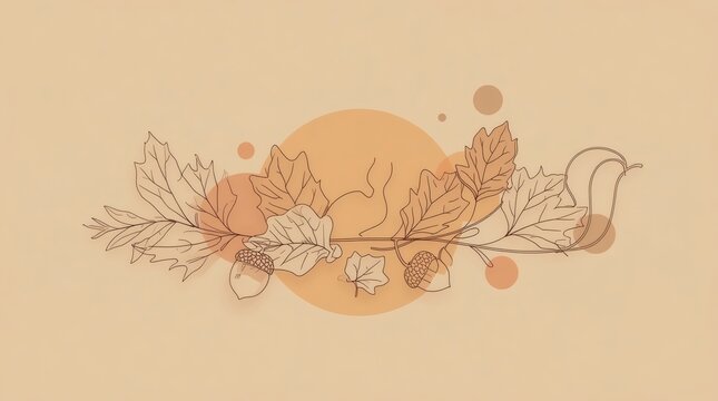 Elegant line art of oak leaves and acorns with soft orange circles