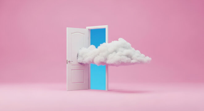 Surrealist white door opening to bright blue sky with fluffy cloud emerging through frame on soft pink background conceptual dream imagery.