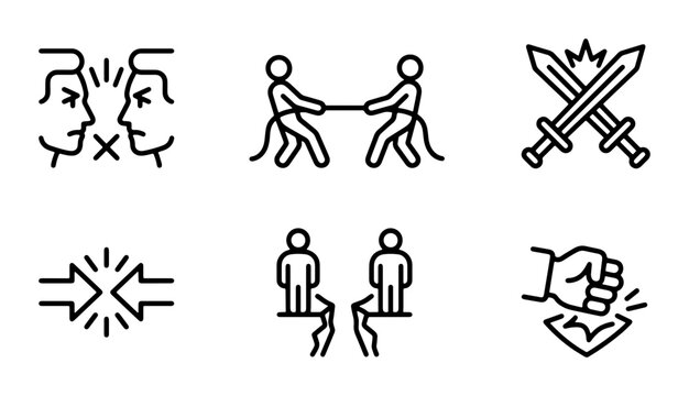 Conflict Icons: Dispute, Tug of War, Swords, Confrontation, Division, Fist Fight, Vector Set