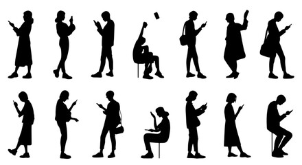 Diverse Silhouette People Collection, Mobile Phone Users, Standing and Sitting Poses, Vector Icons for Digital Lifestyle and Communication Concepts © Balu