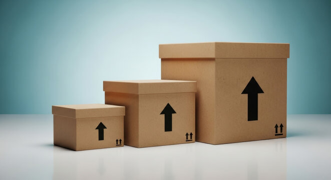 Three brown cardboard shipping boxes in ascending sizes with black arrow icons indicating orientation on plain light background for logistics.