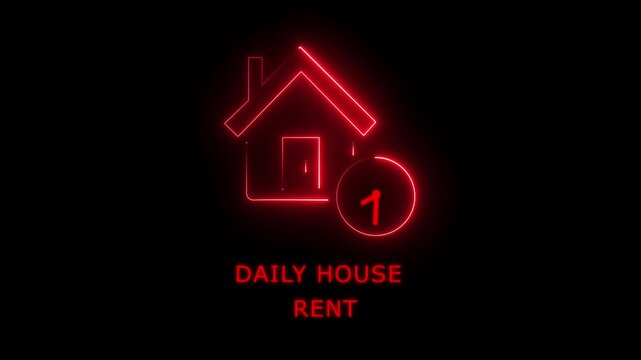 Daily house rent neon icon featuring a glowing blue property symbol and clock graphic for short term vacation lodging, real estate accommodation booking, and rental market platforms..