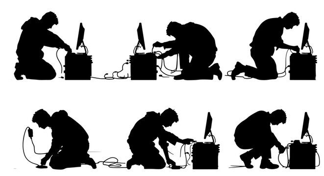 Silhouette of a Person Working with Technology, Computer Setup, Data Connection, and Troubleshooting Actions