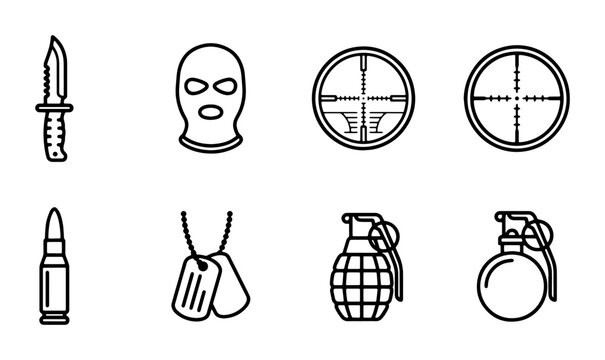 Military Icons Set: Knife, Balaclava, Scope, Bullet, Dog Tags, Grenades, Vector Graphics