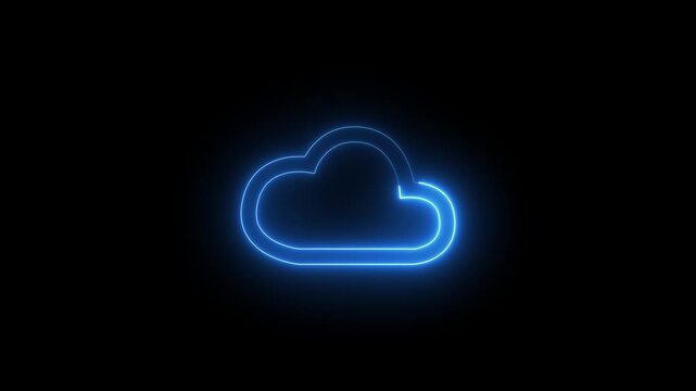 Neon glowing blue color cloud icon on black background animation
