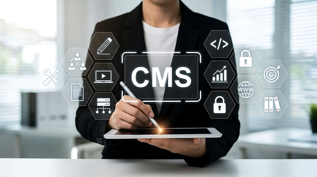 Businessperson using tablet for CMS content management system website development