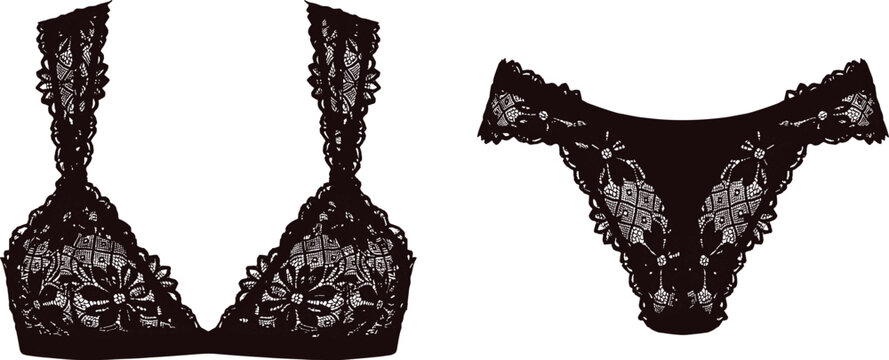 Women's elegant black lace lingerie set silhouette vector illustration featuring bra and panties