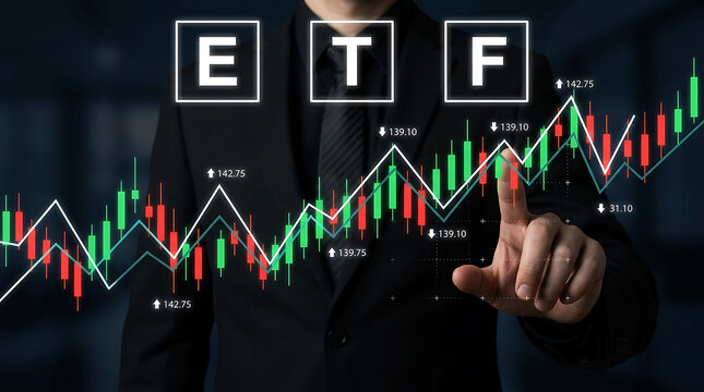 Businessman pointing at ETF stock market exchange traded fund chart graph display