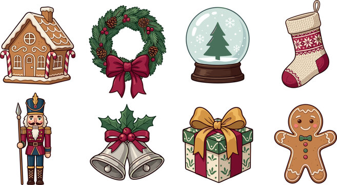 Christmas Holiday Icons Set with Gingerbread House Wreath Snow Globe Stocking Nutcracker and Silver Bells Vector Illustration Bundle for Winter Decoration