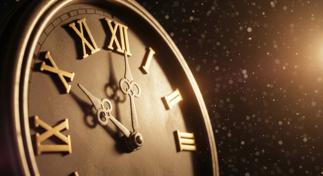 Vintage clock face with roman numerals showing late hours in dark atmosphere with golden particles floating in warm light for passing time.