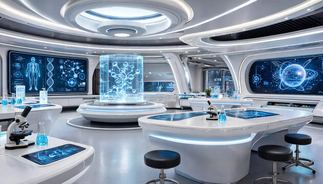 A bright, modern laboratory with white desks, microscopes, and large wall screens displaying dna structures, human anatomy, and planetary models