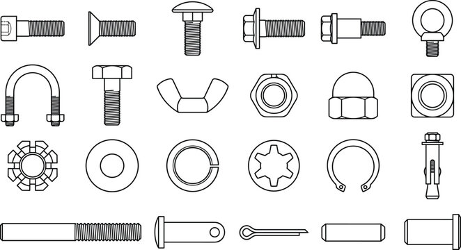 Industrial Fastener Hardware Vector Set Featuring Bolts Nuts Washers Screws Anchors Pins and Mechanical Fixing Components Collection