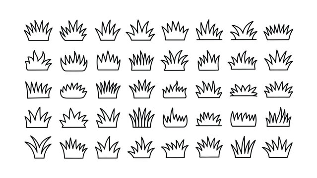 Grass line doodle with simple field design. Outline meadow or grassland sketch, black grass brush stroke hand drawn texture for garden pattern or lawn. Isolated herb marker vector element.