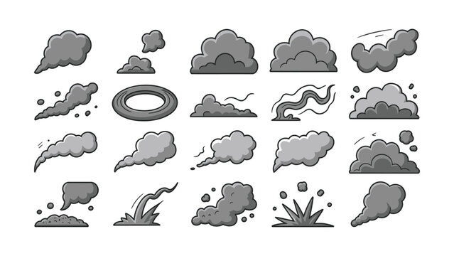 Smoky puffs and swirls, cartoon smoke, smoking vapor steam trails, fog and dust clouds for explosions, magic animation effects, weather icons. Dramatic dynamic motion. Comic book explosion vector set.