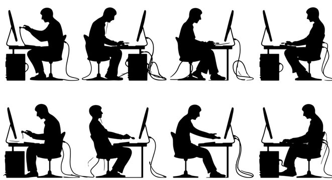 Computer Posture Set: Ergonomic Sitting Positions, Office Work, Silhouette Icons for Health and Productivity