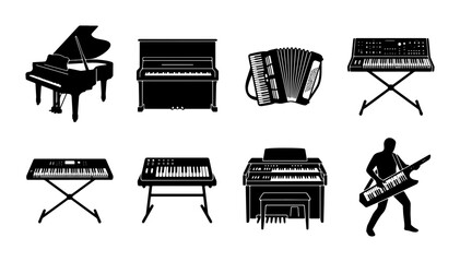 Musical Keyboard Instruments Collection: Grand Piano, Upright Piano, Accordion, Synthesizers, Electric Guitar Icon © Rayhan