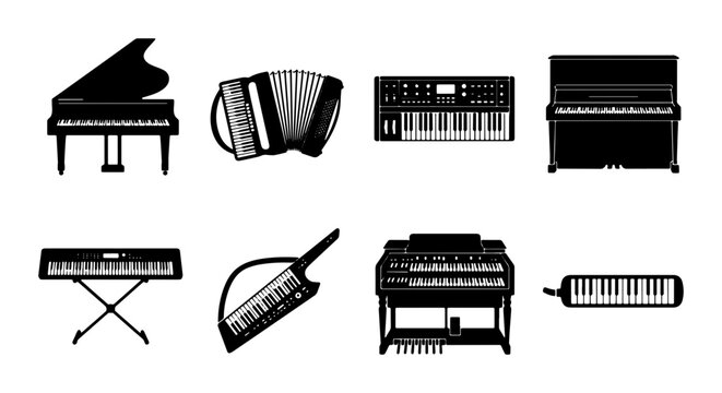 Diverse Keyboard Instruments Collection: Grand Piano, Accordion, Synthesizer, Upright Piano, Electronic Keyboard, Keytar, Organ, and Piano Keys Vector Icons