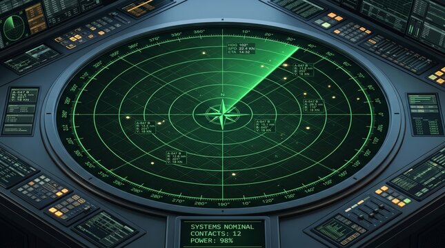 Green maritime radar HUD navigation screen interface tracking targets on a futuristic submarine console