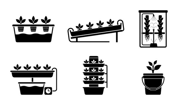 Hydroponic Systems Vector Icons: Growing Plants Without Soil, Vertical Farming, Aeroponics, DWC