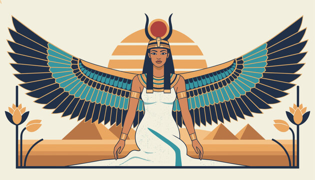 Ancient Egyptian goddess Isis with majestic outstretched wings sitting in front of desert pyramids and a rising sun.