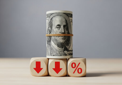 Rolled american hundred dollar bill on wooden blocks with red downward arrows and percentage symbol representing declining economic investment.