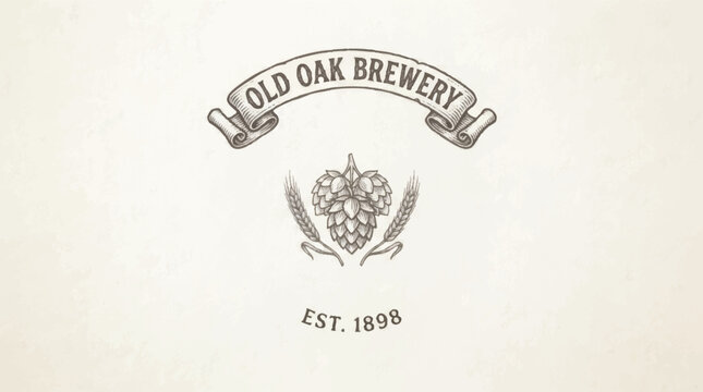 Minimalist brewery logo design with engraved hops and barley. Clean craft beer emblem for branding and packaging identity.
