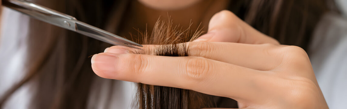 Woman cutting split ends of her hair at home