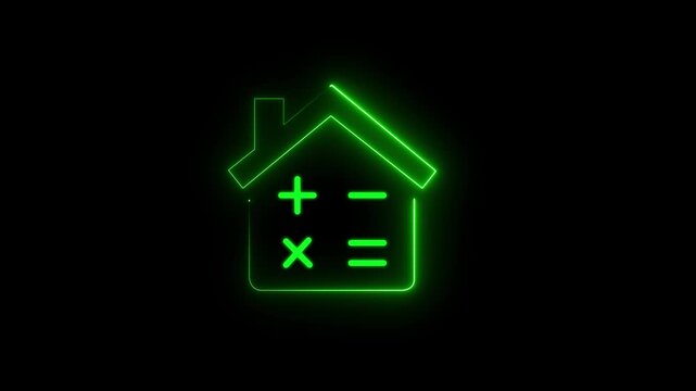 Green glowing neon icon of a house with calculator math symbols on representing mortgage estimation, home budget planning, property tax calculation, and real estate finance concept.