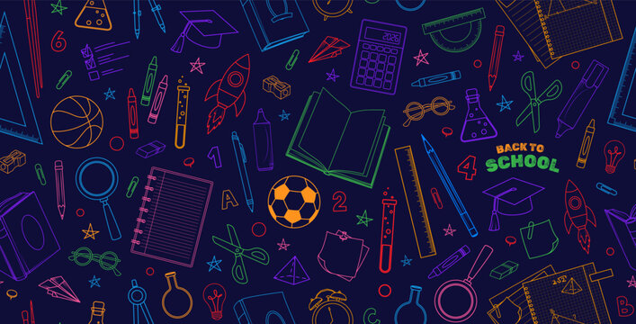 Back to school seamless pattern with colorful outline school supplies on dark background. Education vector background for stationery, fabric, wrapping paper, kids design. Line art illustration