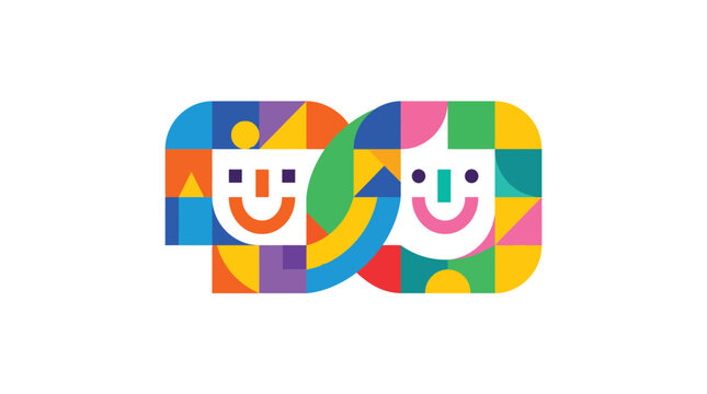 Colorful abstract vector illustration featuring two interconnected human faces formed by geometric shapes and vibrant patterns to represent friendship unity diversity and inclusive community spirit 