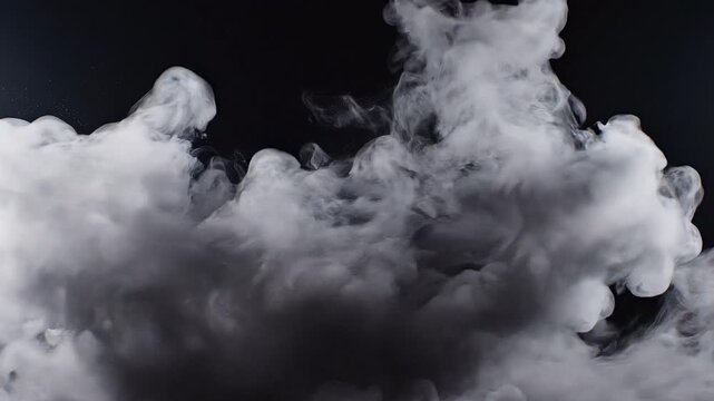 Dark Cinematic Rolling Fog with Thick Volumetric Smoke Flowing from Left and Right, Dramatic Collision in Center, Atmospheric Black Studio Background, 4K HDR
