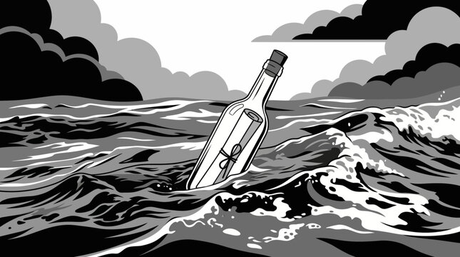Vector image of a bottle containing a scroll in the ocean.