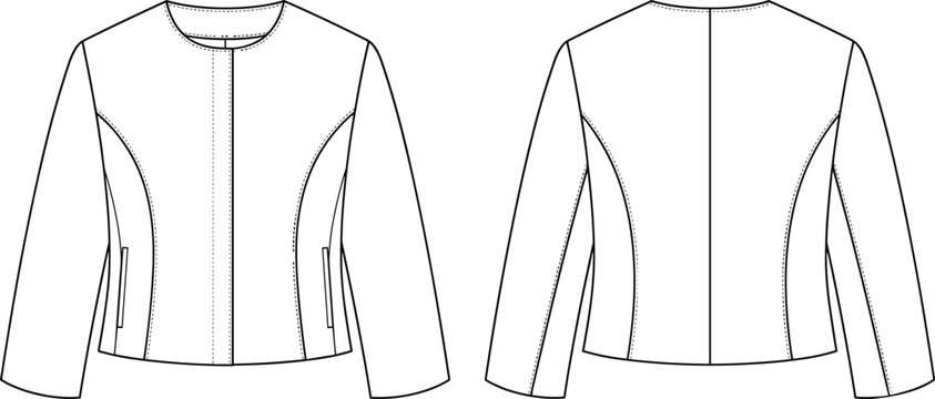 Women's Long Sleeve Tailored Jacket Technical Fashion CAD Flat Sketch Front and Back Vector Template