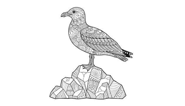 Detailed seagull standing on a rock with zentangle patterns, creative coloring page vector illustration for adults.