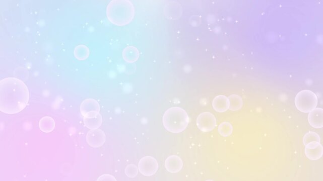 Seamless loop pastel rainbow gradient background with floating bubbles and sparkling particles