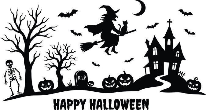 Happy halloween day spooky silhouette scene with witch skeleton and haunted house