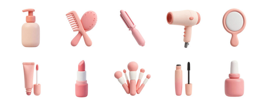 Set of cute 3D beauty and makeup accessories in pink isolated on transparent background, illustration